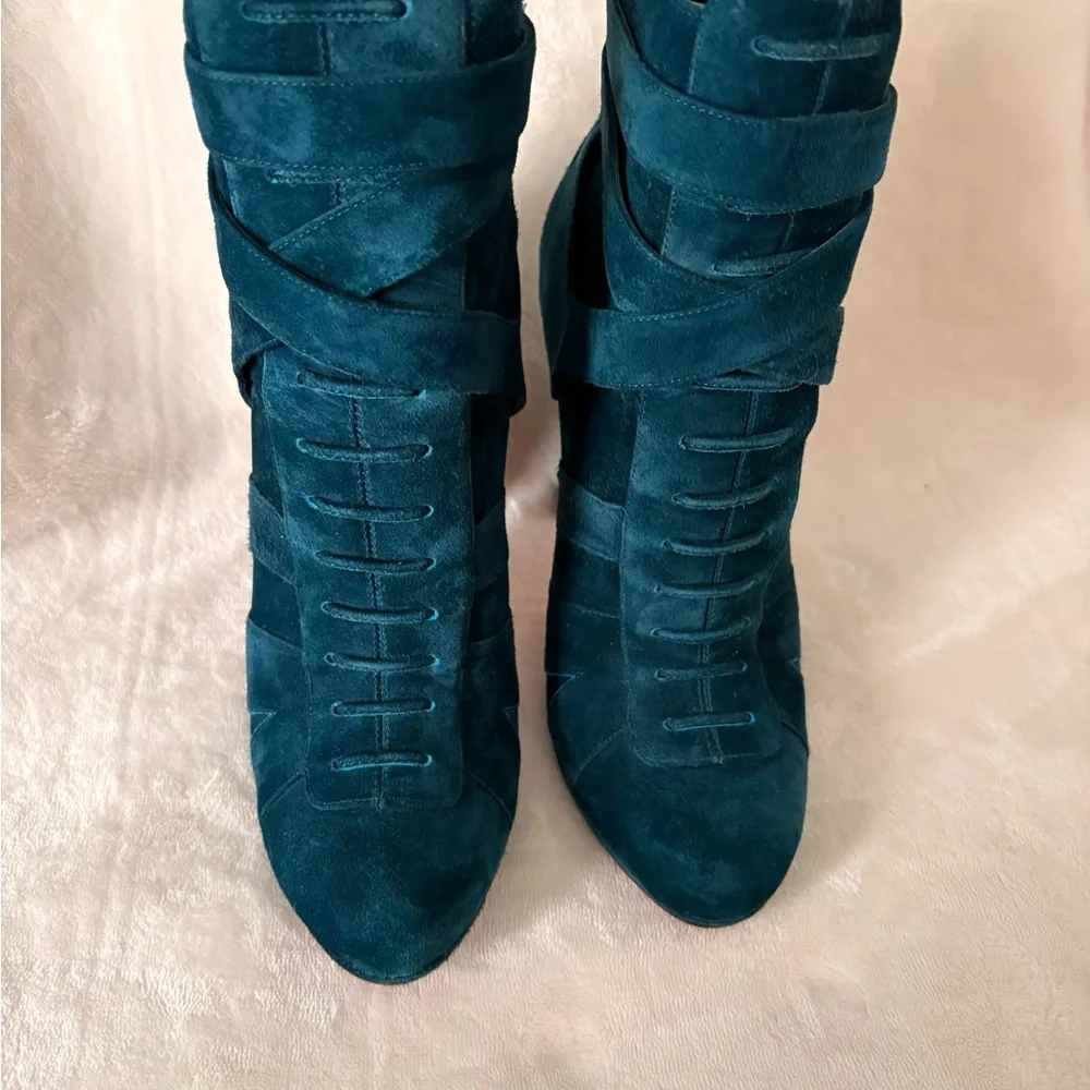 🛑Christian Louboutin Teal Suede Lace-Up Ankle Boots with Red Sole - Picture 3 of 9